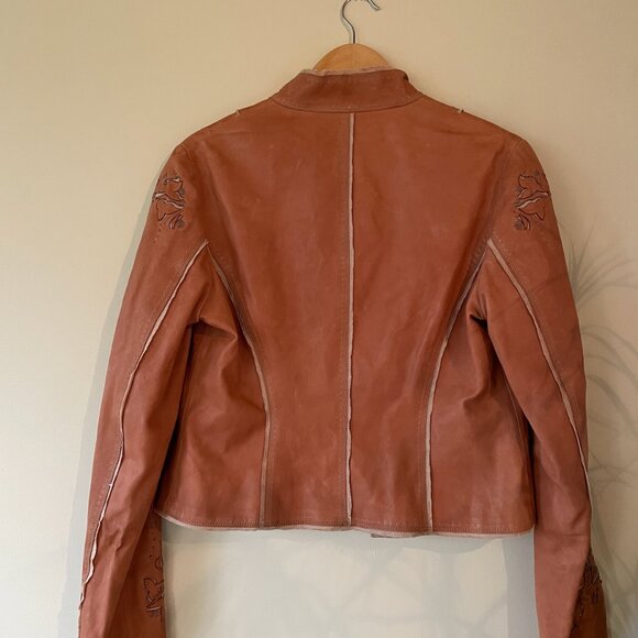Vintage Elie Tahari Ornate Brown Leather Biker Jacket with linen lining - medium - Picture 7 of 8